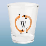 Funny Dachshund Sausage Dog Monogram Shot Glass<br><div class="desc">Cute and funny dachshund, sausage dogs or wiener dogs in perpetual motion.
Customize by changing or removing the initial.</div>