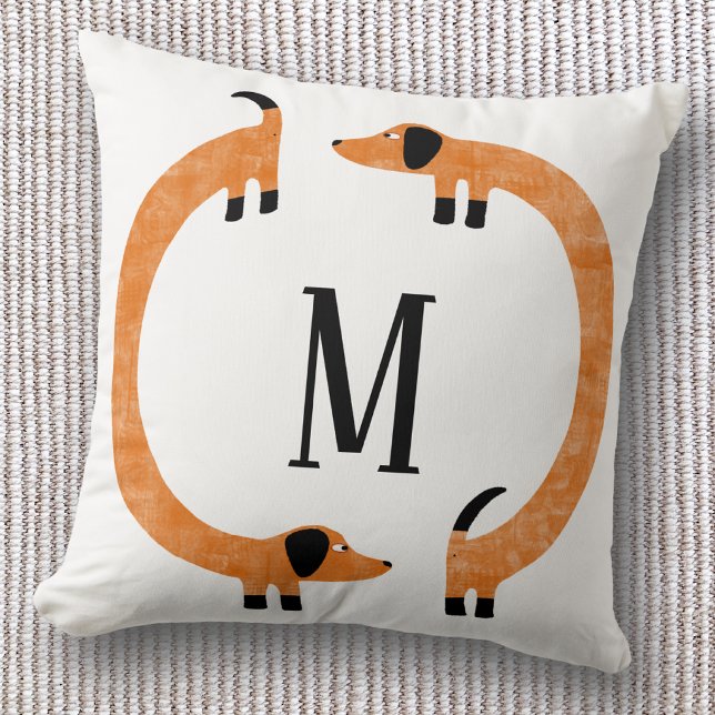Funny Dachshund Sausage Dog Monogram Throw Pillow (Fun Dachshund wiener dog personalized monogram initial throw pillow)