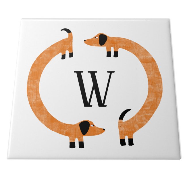 Funny Dachshund Sausage Dog Monogram Tile (Funny Dachshund Wiener or Sausage Dog monogram ceramic tile)