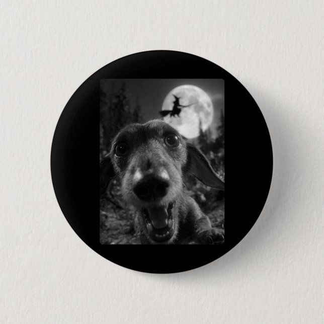 Funny Dachshund Selfie Full Moon Flying Witch 2 Inch Round Button (Front)