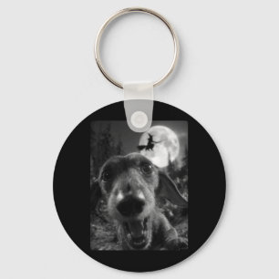 Funny Dachshund Selfie Full Moon Flying Witch Keychain