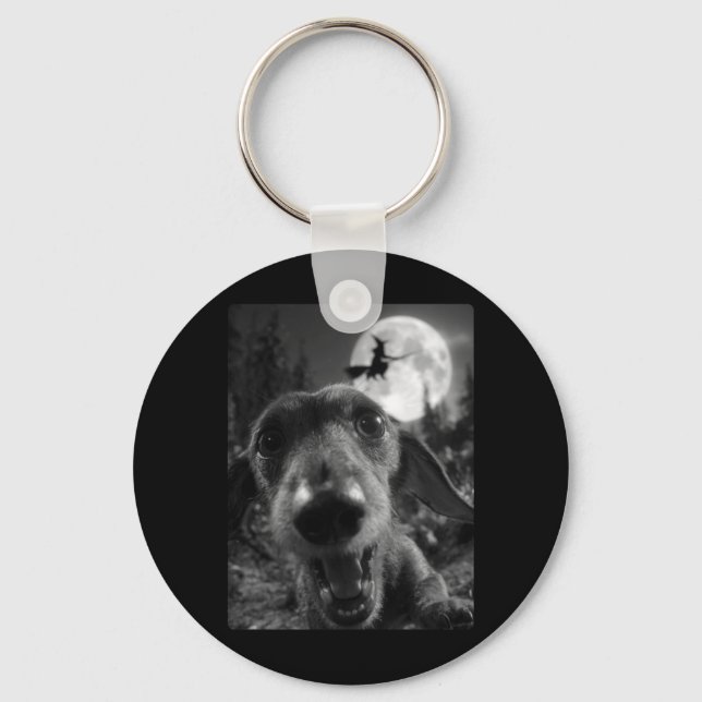 Funny Dachshund Selfie Full Moon Flying Witch Keychain (Front)