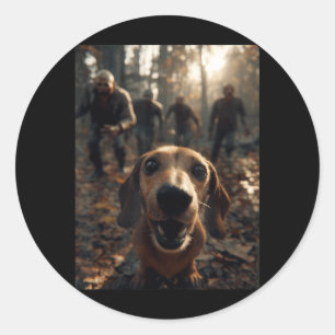 Funny Dachshund Selfie With Zombies Halloween Classic Round Sticker