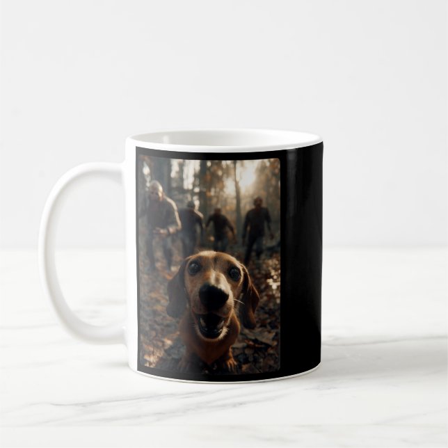 Funny Dachshund Selfie With Zombies Halloween Coffee Mug (Left)