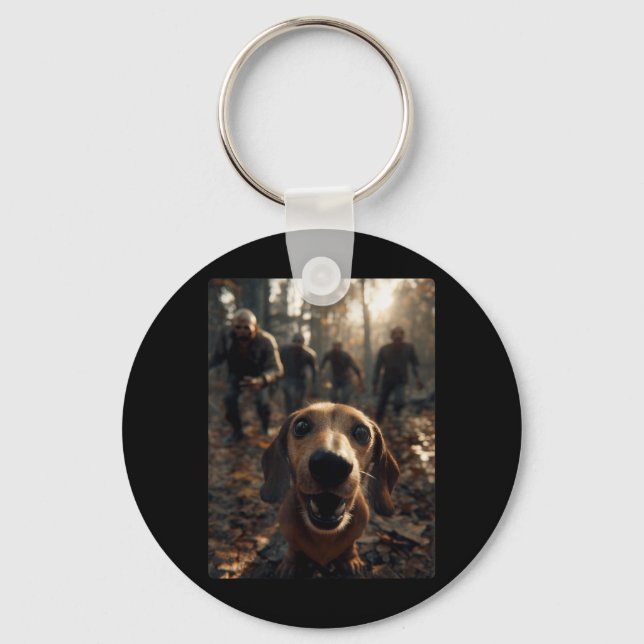 Funny Dachshund Selfie With Zombies Halloween Keychain (Front)