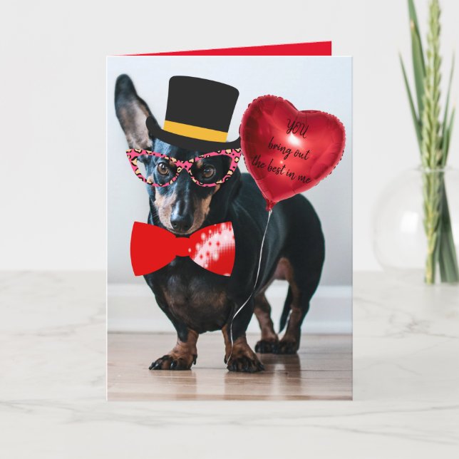 Funny Dachshund Valentine Custom Text Folded Holiday Card (Front)