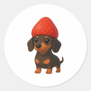 Funny dachshund with strawberries and hat fruity classic round sticker