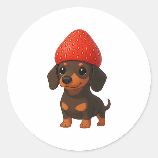 Funny dachshund with strawberries and hat fruity classic round sticker (Front)
