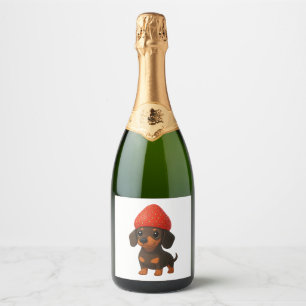 Funny dachshund with strawberries and hat fruity sparkling wine label