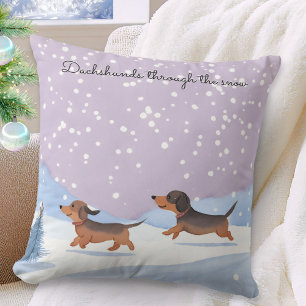 Funny Dachshunds In Snow - Sausage Dogs Christmas Throw Pillow
