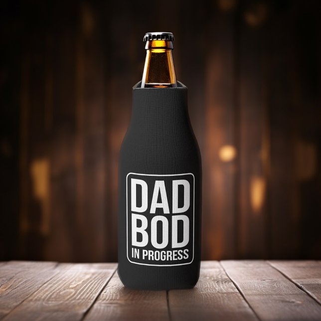 Funny Dad Bod in Progress Humour Fathers Day Black Bottle Cooler (Funny Dad Bod Bottle Cooler)