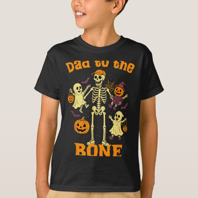 Funny Dad To The Bone Skeleton With Kids Halloween T-Shirt (Front)