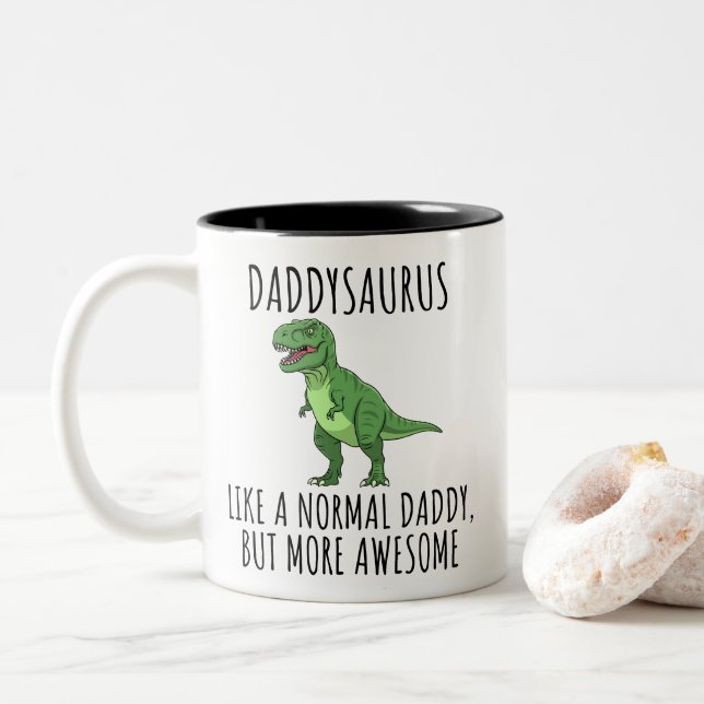 Funny Daddy Dinosaur Daddysaurus Two-Tone Coffee Mug (With Donut)
