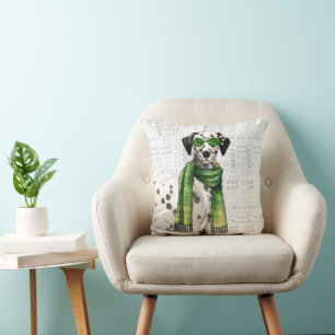 Funny Dalmatian Dog Watercolor Stylish Woof Words Throw Pillow