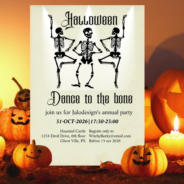 Funny Dancing Black Skeleton Halloween Party Invitation (Creator Uploaded)