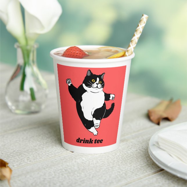Funny Dancing Cat Paper Mug – Cute Black & White C Paper Cups (Insitu)