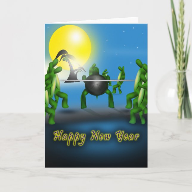 Funny Dancing Limbo-ing Turtles Happy New Year Car Holiday Card (Front)