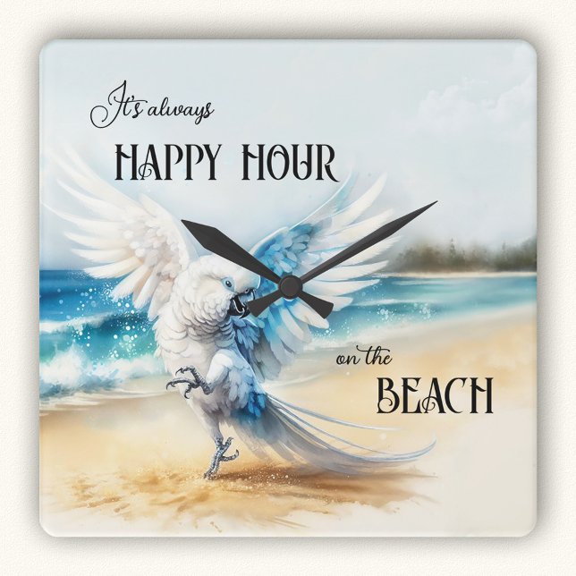 Funny Dancing Parrot Beach Square Wall Clock (Wall clock featuring a painting of a funny dancing cockatoo parrot on the beach)