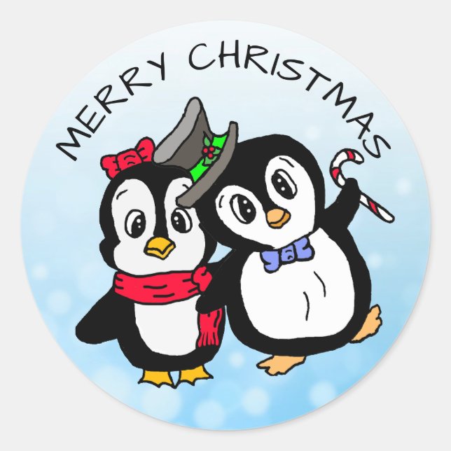 Funny Dancing Penguins with Candy Cane Christmas Classic Round Sticker (Front)