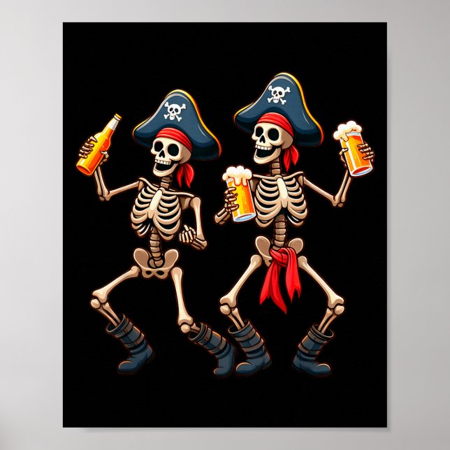 Funny Dancing Rate Skeletons Beer Drinking Hallowe Poster (Front)