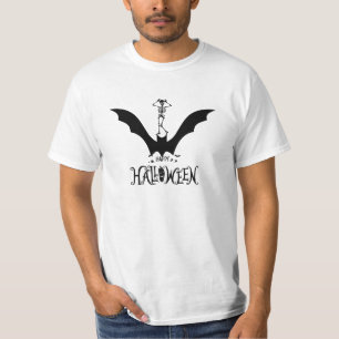 Funny Dancing Skeleton on Bat Halloween T-Shirt