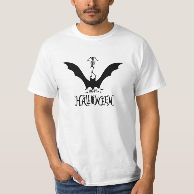  Funny Dancing Skeleton on Bat Halloween T-Shirt (Front)