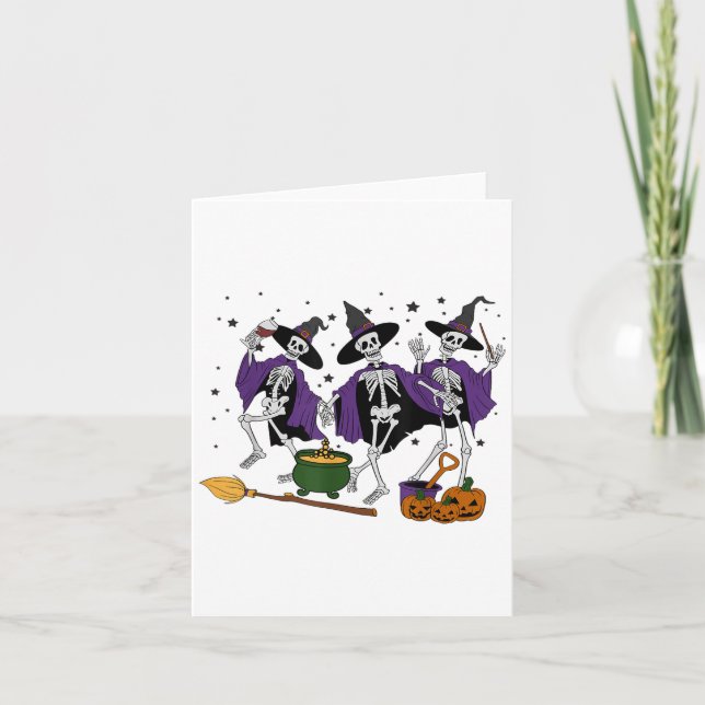 Funny Dancing Skeleton Witch Halloween Wine Witch  Card (Front)
