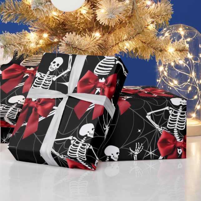 Funny Dancing Skelton and Red Bow Wrapping Paper (Holidays)