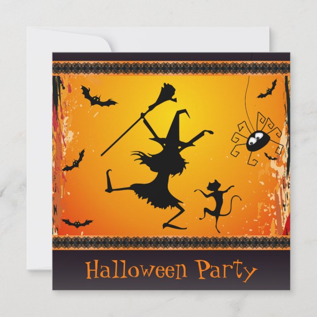 Funny Dancing Witch and Cat Halloween Party Invitation (Front)