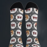 Funny Dark Grey Custom 2 Pet Photo Paw Print Socks<br><div class="desc">Show off your favourite furry friend on these fun custom socks featuring two pet photos in round frames scattered across a dark grey background with white paw prints. Upload two photos of your dog or cat to create a one-of-a-kind gift. A hilarious stocking stuffer, birthday surprise, or just-because treat for...</div>