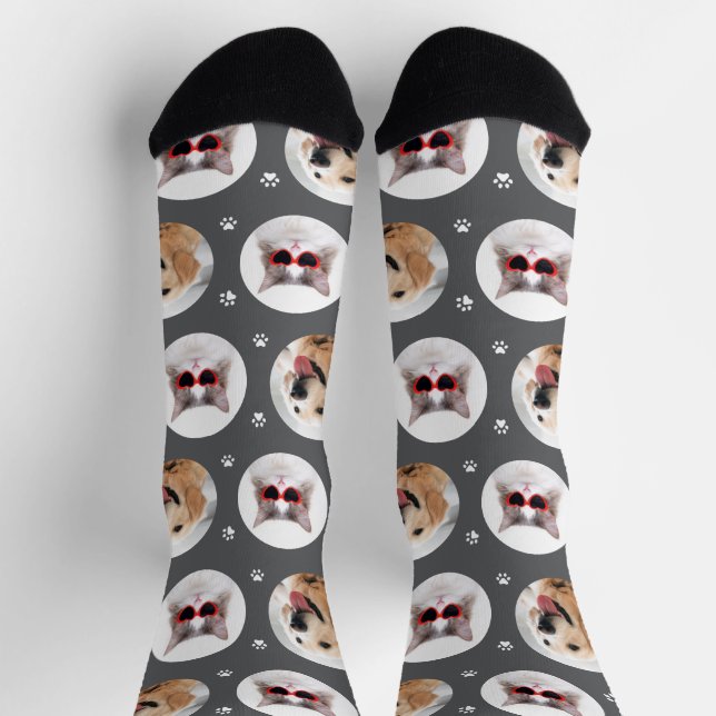 Funny Dark Grey Custom 2 Pet Photo Paw Print Socks (Top)