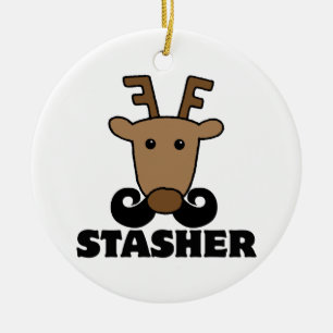 funny dasher stasher moustache reindeer ceramic ornament