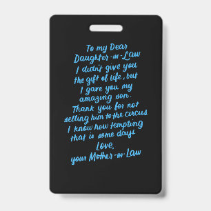 Funny Daughter in Law To My Dear Daughter In Law Badge