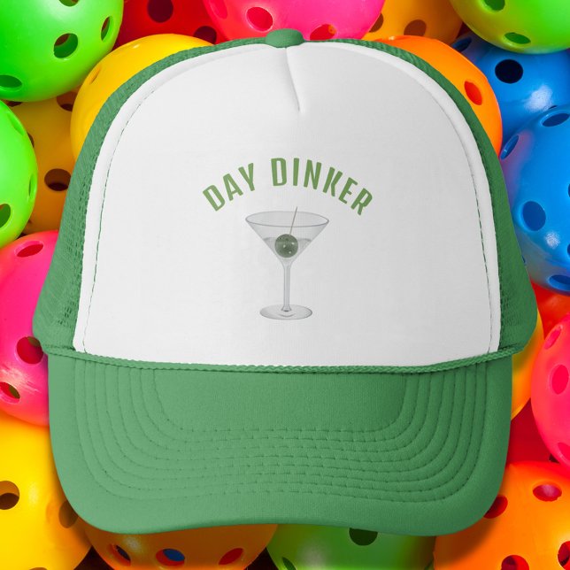 Funny Day Dinker Personalized Pickleball Martini Trucker Hat (Funny Day Dinker hat with a pickleball martini)