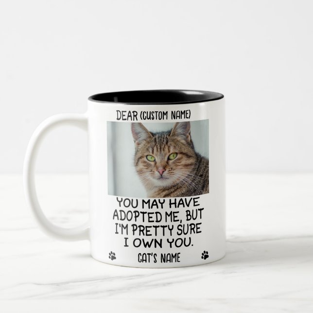 funny Dear cat, Personalized cat's photo and name Two-Tone Coffee Mug (Left)