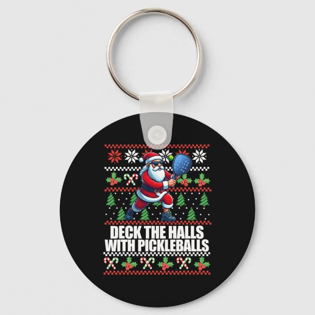 Funny Deck The Halls Ugly Christmas Sweater Pickle Keychain (Front)