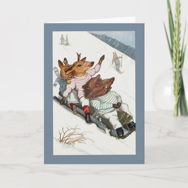Funny Deer Boar and Bunny Go Sledding Holiday Card (Front)
