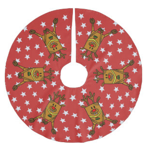 Funny Deer White Stars on Red Brushed Polyester Tr Tree Skirt