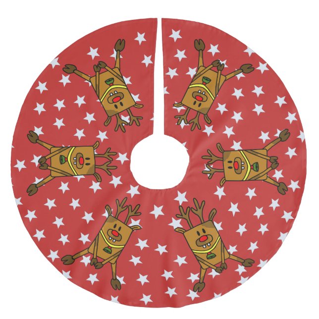 Funny Deer White Stars on Red Brushed Polyester Tr Tree Skirt (Front)