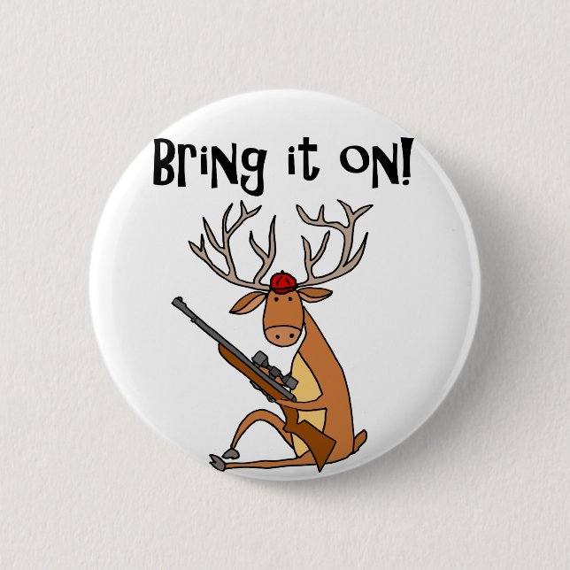 Funny Deer with Hunting Rifle and Cap 2 Inch Round Button (Front)