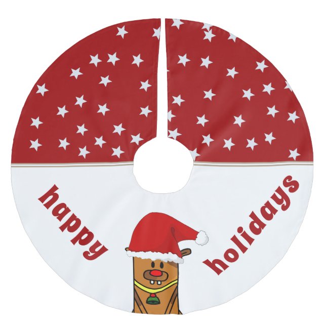 Funny Deer with Santa Hat Red Nose Star Pattern Brushed Polyester Tree Skirt (Front)