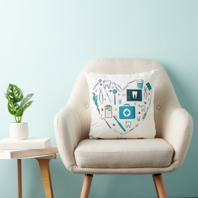 Funny Dental Dentist Tool Heart Throw Pillow (Chair)