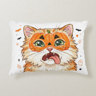 Funny Derpy Halloween Cat with Pumpkin Face Paint Accent Pillow