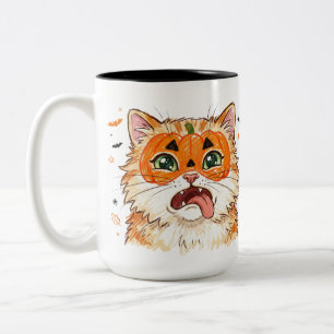 Funny Derpy Halloween Cat with Pumpkin Face Paint Two-Tone Coffee Mug
