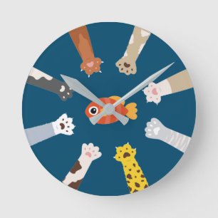 Funny Design Cats Game To Catch Fish Round Clock