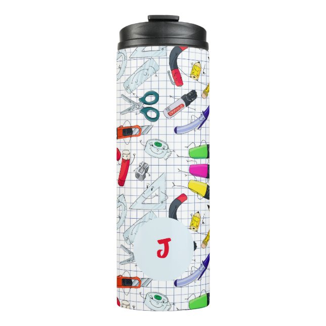 Funny design with school supplies. Custom initial. Thermal Tumbler (Front)