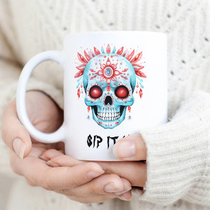 Funny Dia De Los Watercolor Sugar Skull Halloween Two-Tone Coffee Mug