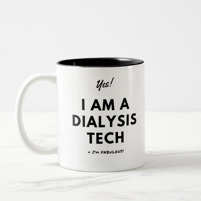 Funny Dialysis Tech Nurse Black and White Two-Tone Coffee Mug (Left)