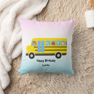 Funny DINO dinosaur School Bus boy Birthday Throw Pillow