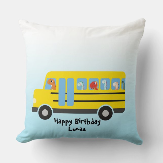 Funny DINO dinosaur School Bus boy Birthday Throw Pillow (Front)